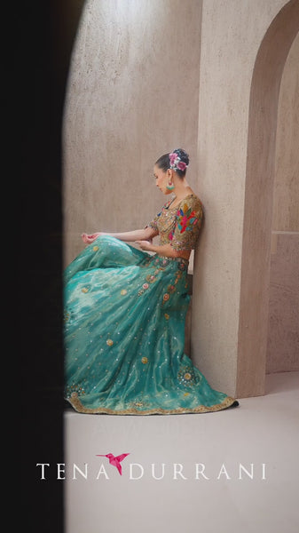Pakistani Teal and Coral Embroidered Silk Lehenga Choli (3-Piece) - Image 6