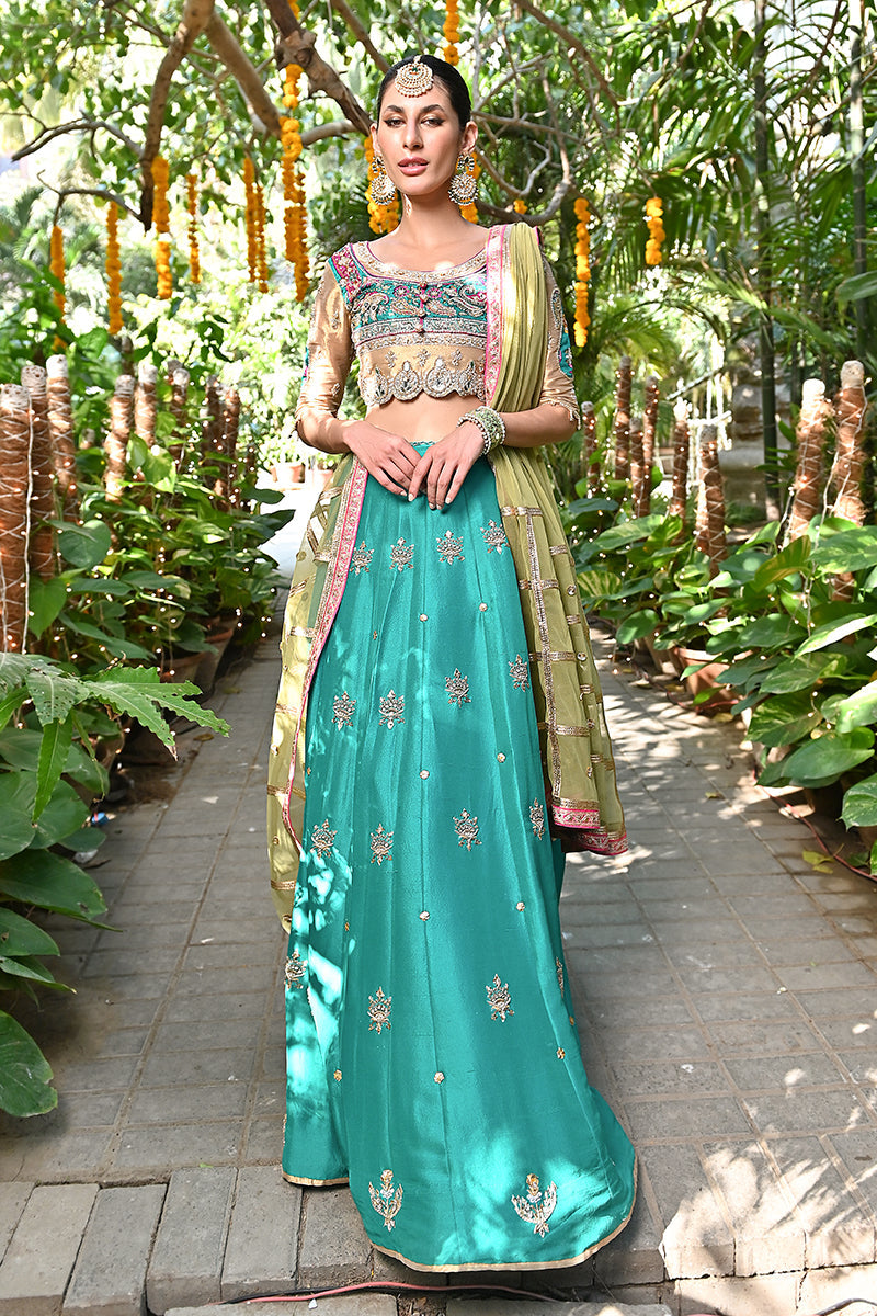 Pakistani Teal Zardozi Silk & Tissue Lehenga Choli (3-Piece) - Image 1