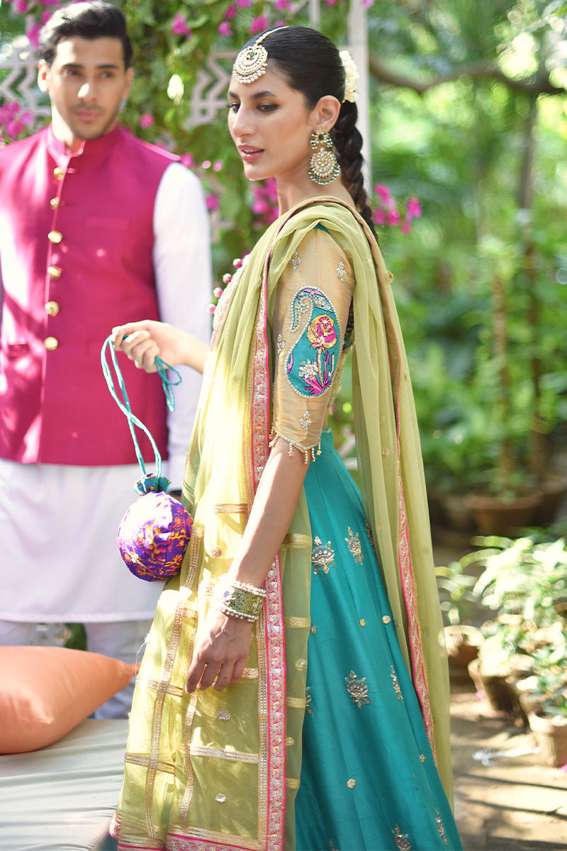 Pakistani Teal Zardozi Silk & Tissue Lehenga Choli (3-Piece) - Image 3