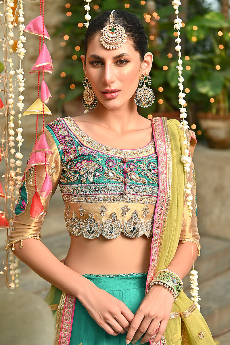 Pakistani Teal Zardozi Silk & Tissue Lehenga Choli (3-Piece) - Image 4
