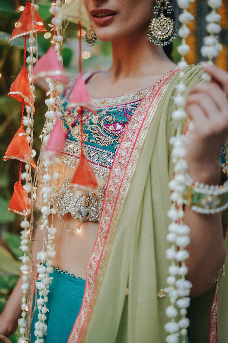 Pakistani Teal Zardozi Silk & Tissue Lehenga Choli (3-Piece) - Image 6