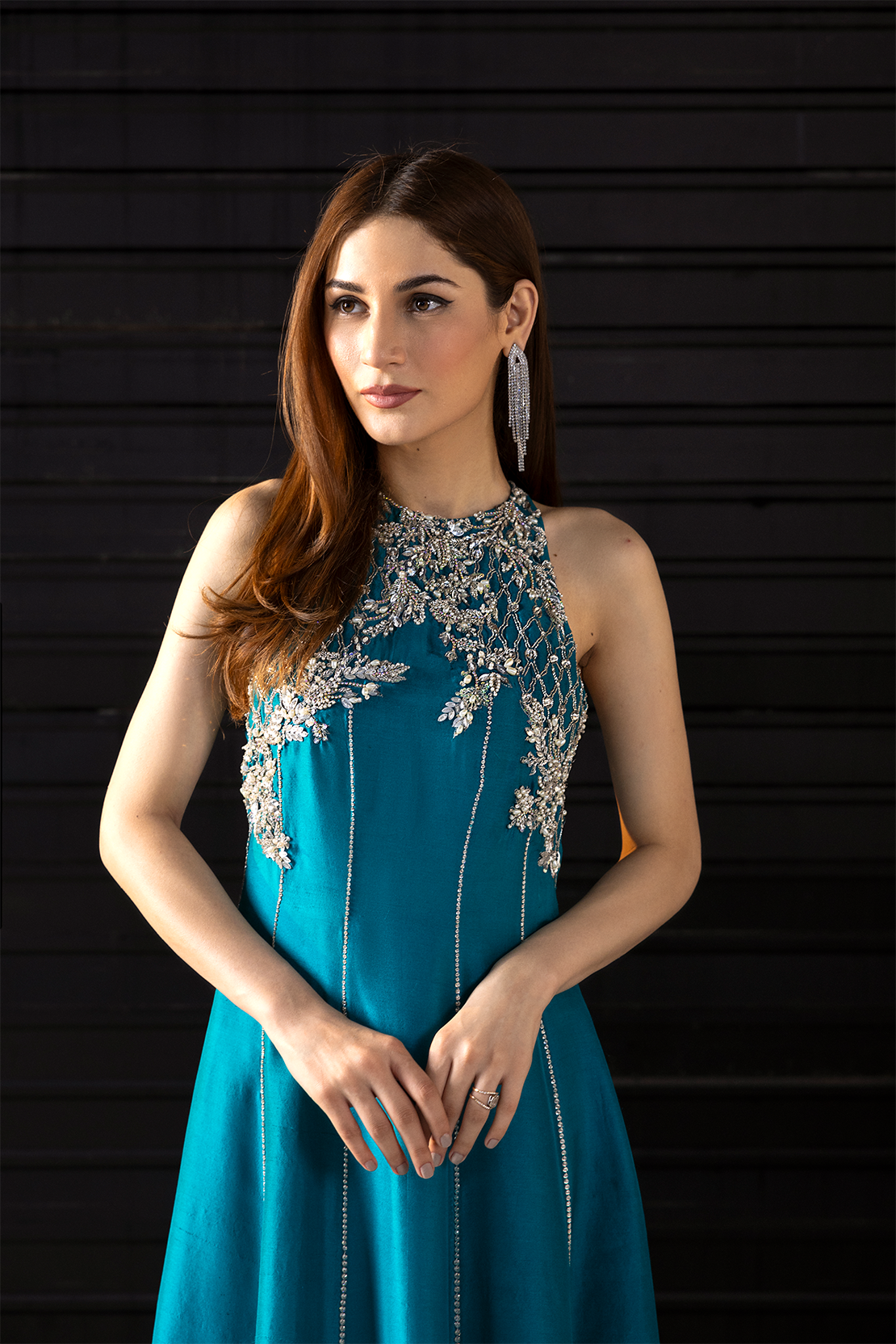 Pakistani Teal Blue Embellished Raw Silk Maxi Dress (2-Piece) - Image 1