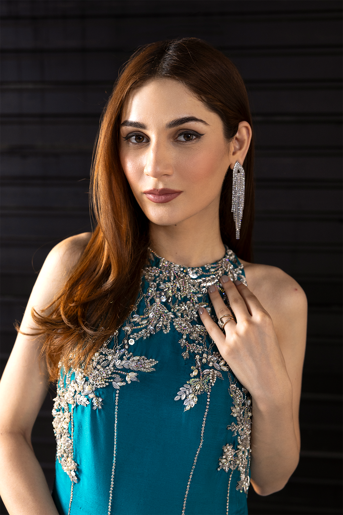 Pakistani Teal Blue Embellished Raw Silk Maxi Dress (2-Piece) - Image 2