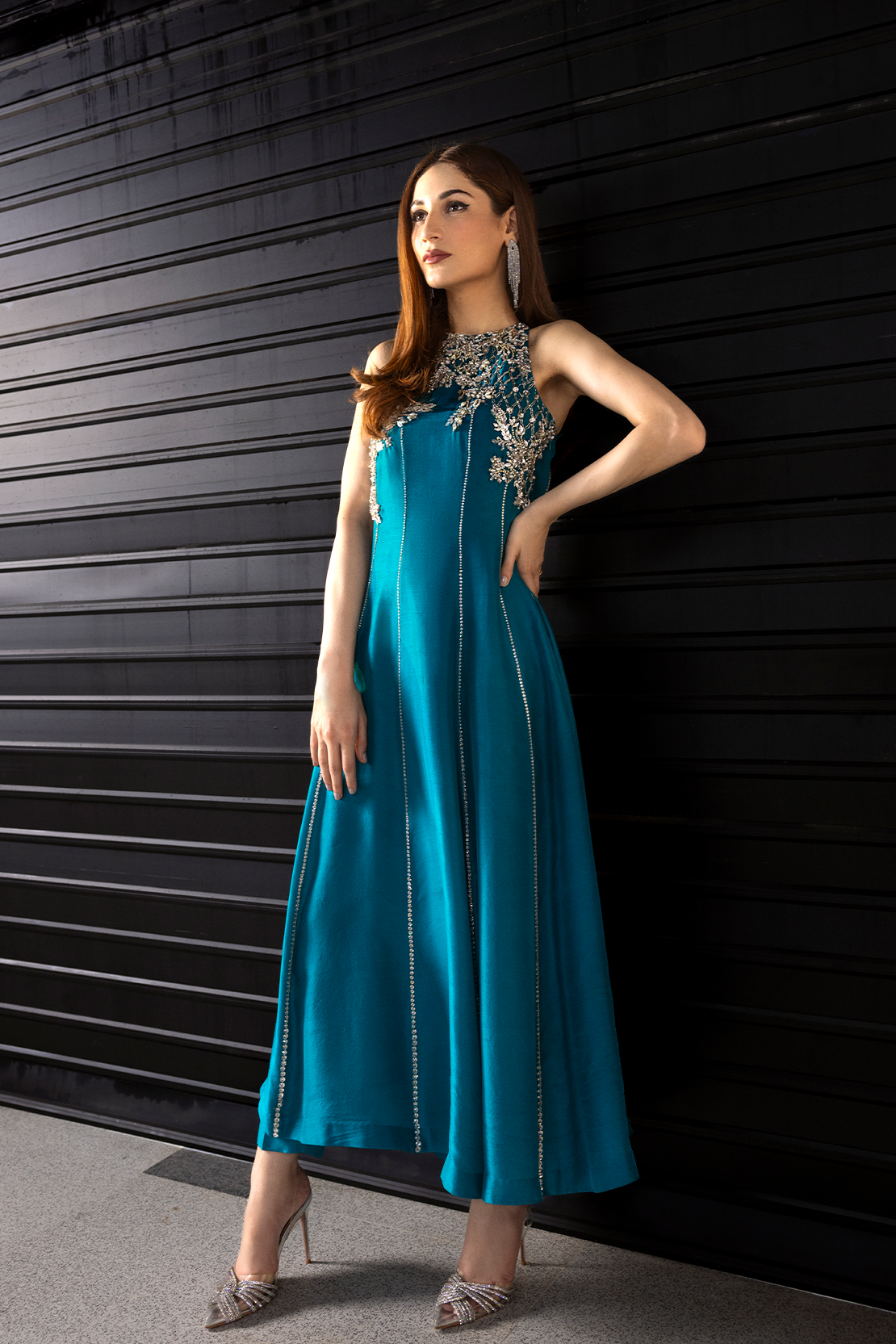 Pakistani Teal Blue Embellished Raw Silk Maxi Dress (2-Piece) - Image 3