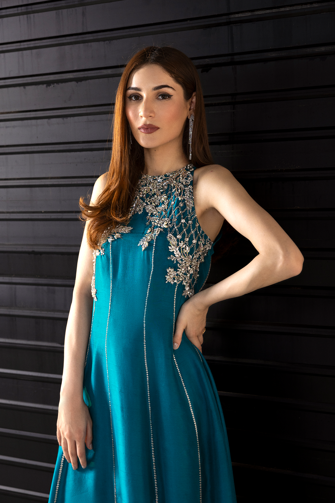 Pakistani Teal Blue Embellished Raw Silk Maxi Dress (2-Piece) - Image 4