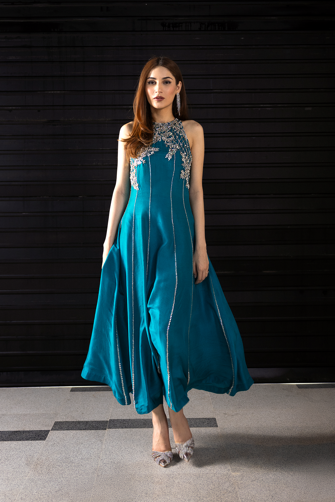 Pakistani Teal Blue Embellished Raw Silk Maxi Dress (2-Piece) - Image 5