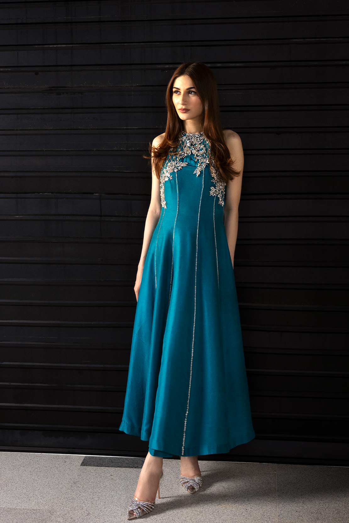 Pakistani Teal Blue Embellished Raw Silk Maxi Dress (2-Piece) - Image 6