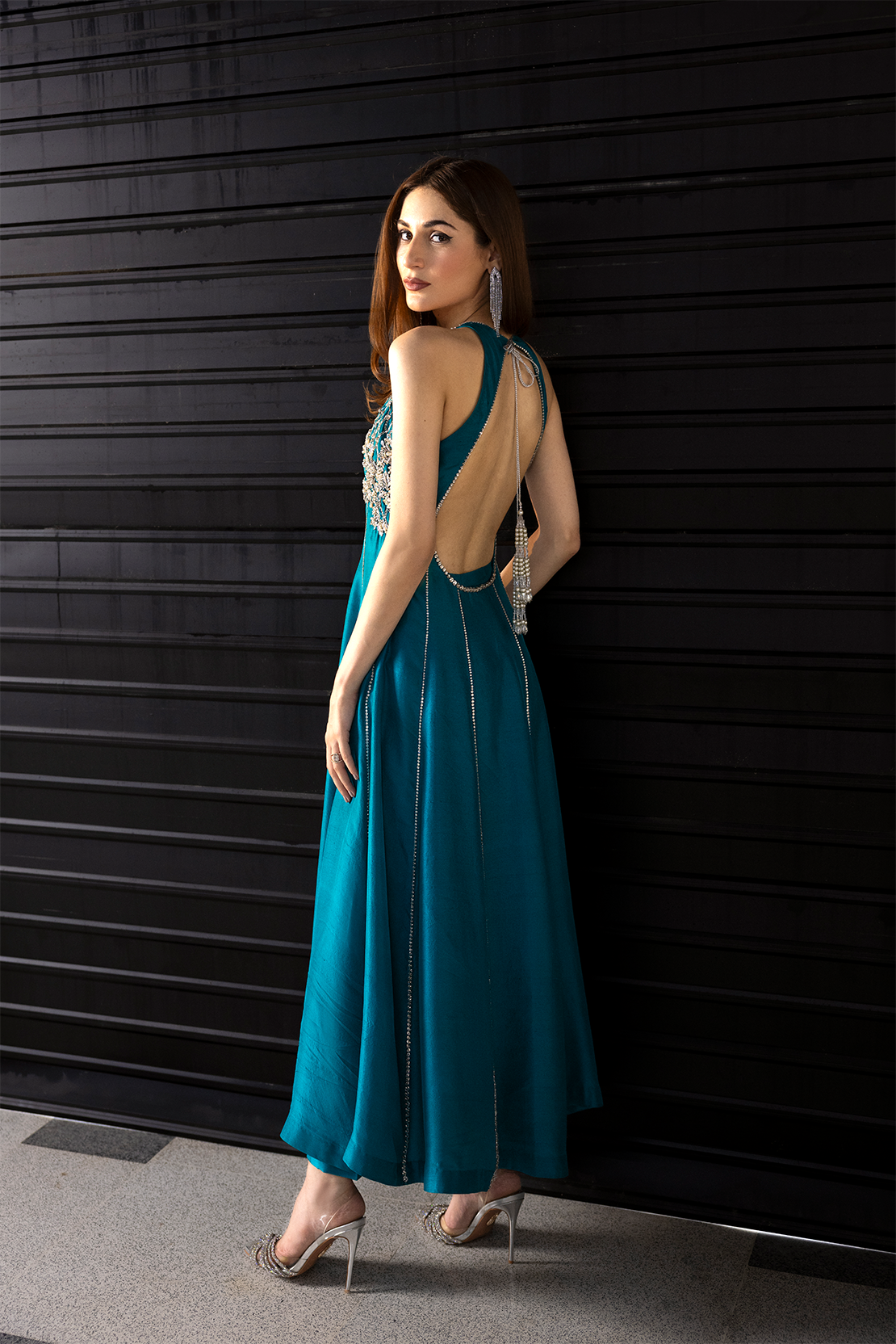 Pakistani Teal Blue Embellished Raw Silk Maxi Dress (2-Piece) - Image 8