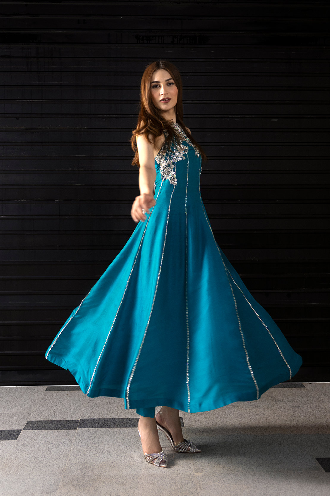 Pakistani Teal Blue Embellished Raw Silk Maxi Dress (2-Piece) - Image 9