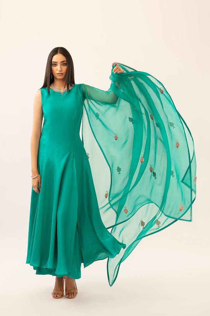 Pakistani Teal Embroidered Pure Silk Asymmetrical Maxi Dress (3-Piece) - Image 2
