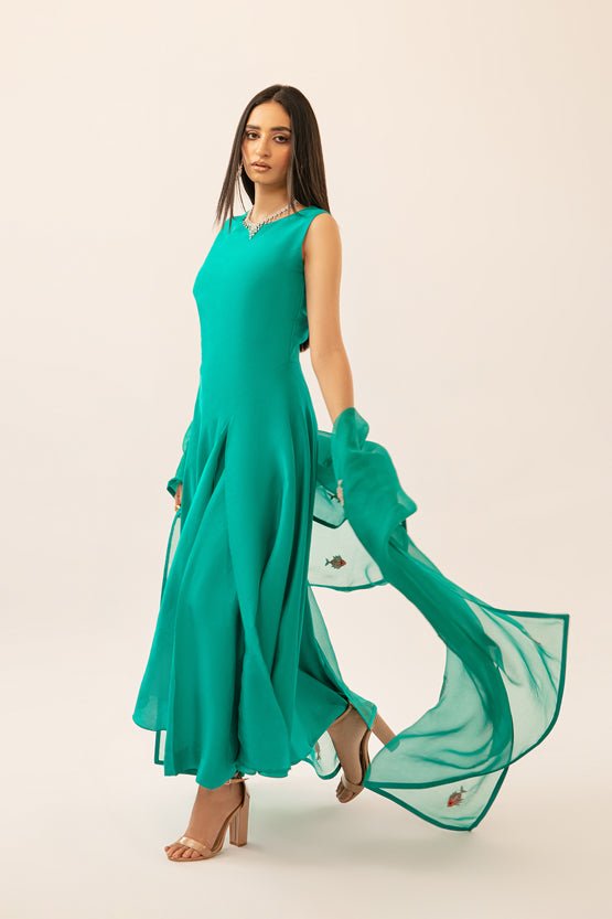 Pakistani Teal Embroidered Pure Silk Asymmetrical Maxi Dress (3-Piece) - Image 3