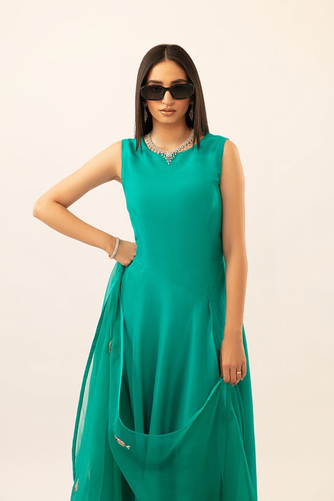 Pakistani Teal Embroidered Pure Silk Asymmetrical Maxi Dress (3-Piece) - Image 4