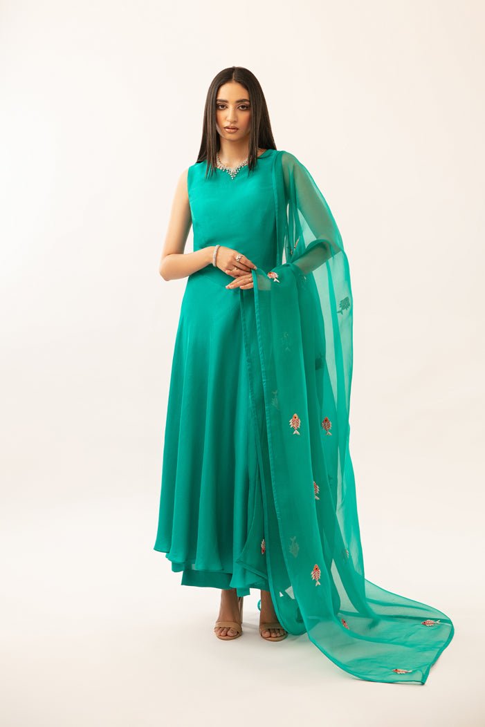 Pakistani Teal Embroidered Pure Silk Asymmetrical Maxi Dress (3-Piece) - Image 5