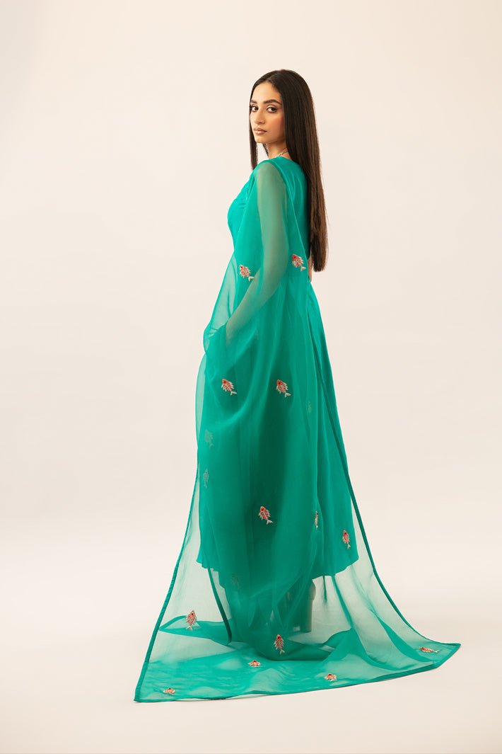 Pakistani Teal Embroidered Pure Silk Asymmetrical Maxi Dress (3-Piece) - Image 6