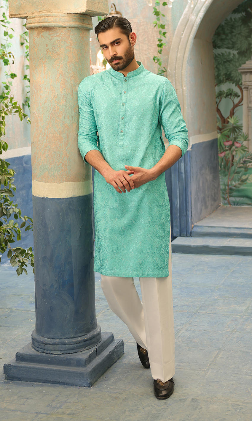Aqua Self-Embroidered Cotton Kurta (2-Piece) - Image 1
