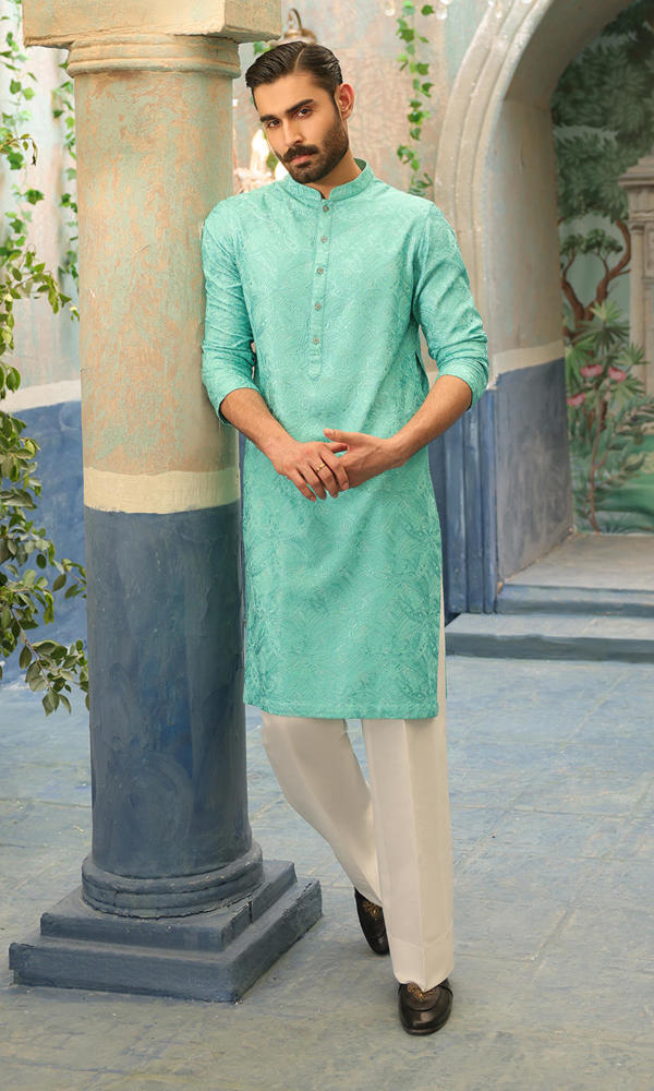 Aqua Self-Embroidered Cotton Kurta (2-Piece) - Image 2