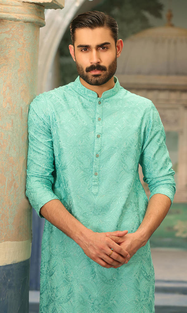 Aqua Self-Embroidered Cotton Kurta (2-Piece) - Image 3
