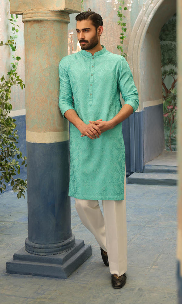 Aqua Self-Embroidered Cotton Kurta (2-Piece) - Image 4
