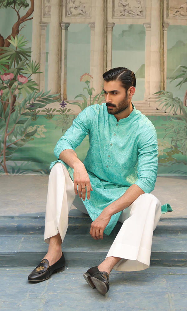 Aqua Self-Embroidered Cotton Kurta (2-Piece) - Image 5