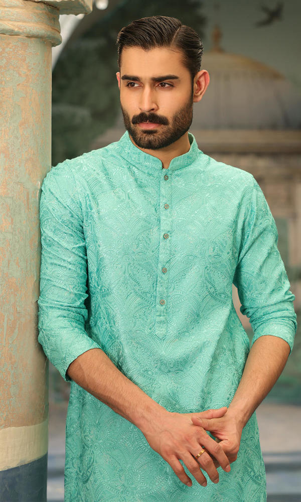 Aqua Self-Embroidered Cotton Kurta (2-Piece) - Image 6