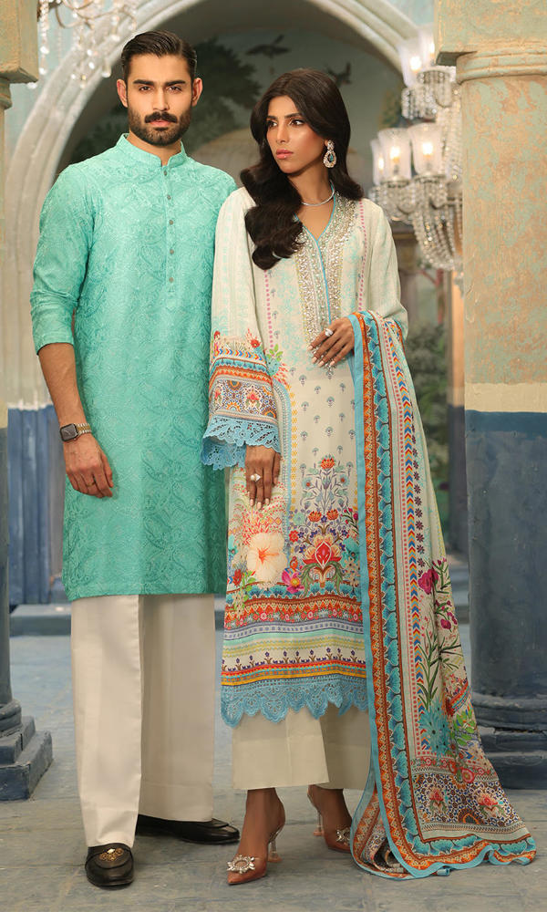 Aqua Self-Embroidered Cotton Kurta (2-Piece) - Image 7