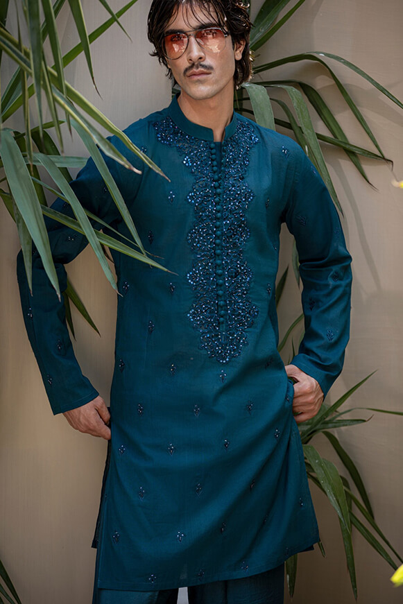 Teal Adda Work Khaddi Cotton Kurta (2-Piece) - Image 3