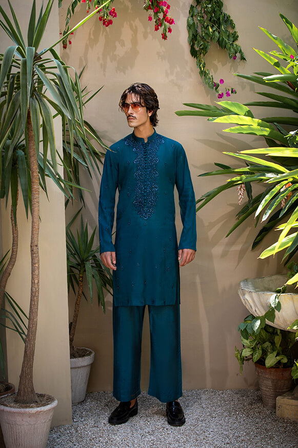 Teal Adda Work Khaddi Cotton Kurta (2-Piece) - Image 5