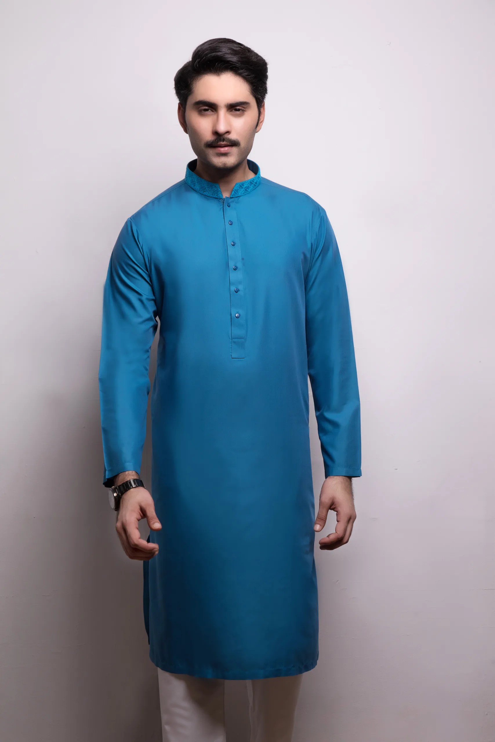 Teal Blue Embroidered Silk-Blend Kurta (2-Piece) - Image 1