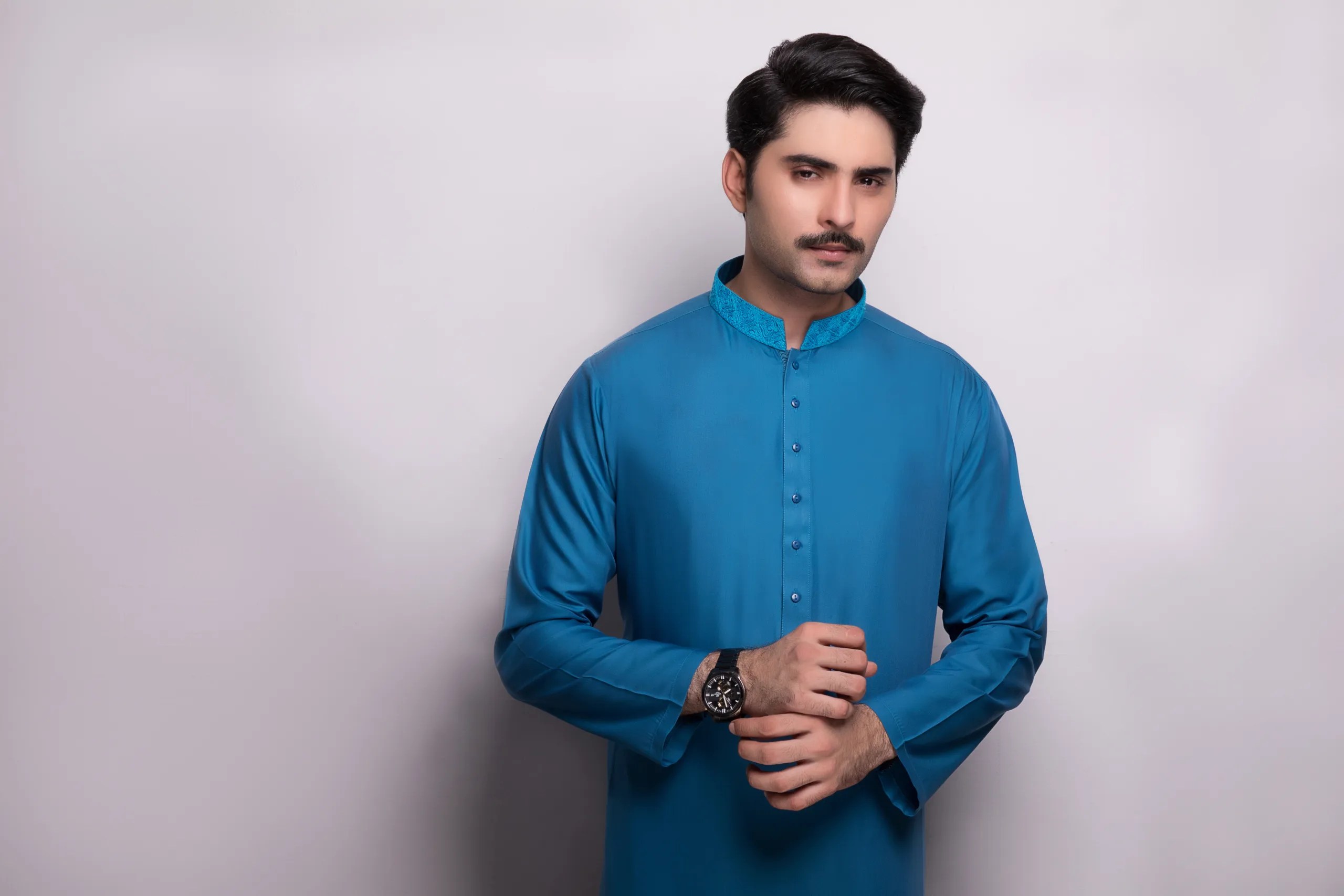 Teal Blue Embroidered Silk-Blend Kurta (2-Piece) - Image 2
