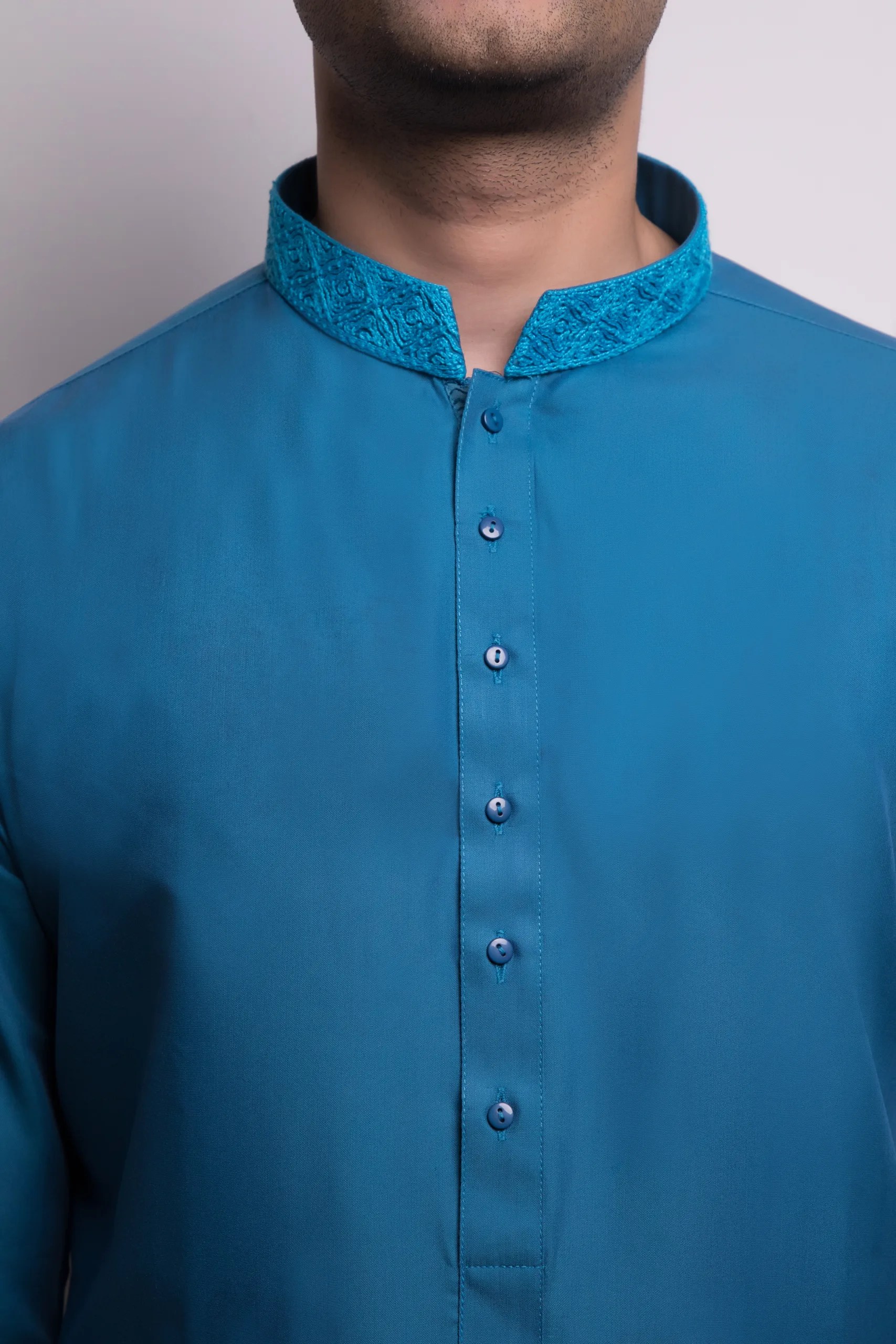 Teal Blue Embroidered Silk-Blend Kurta (2-Piece) - Image 3