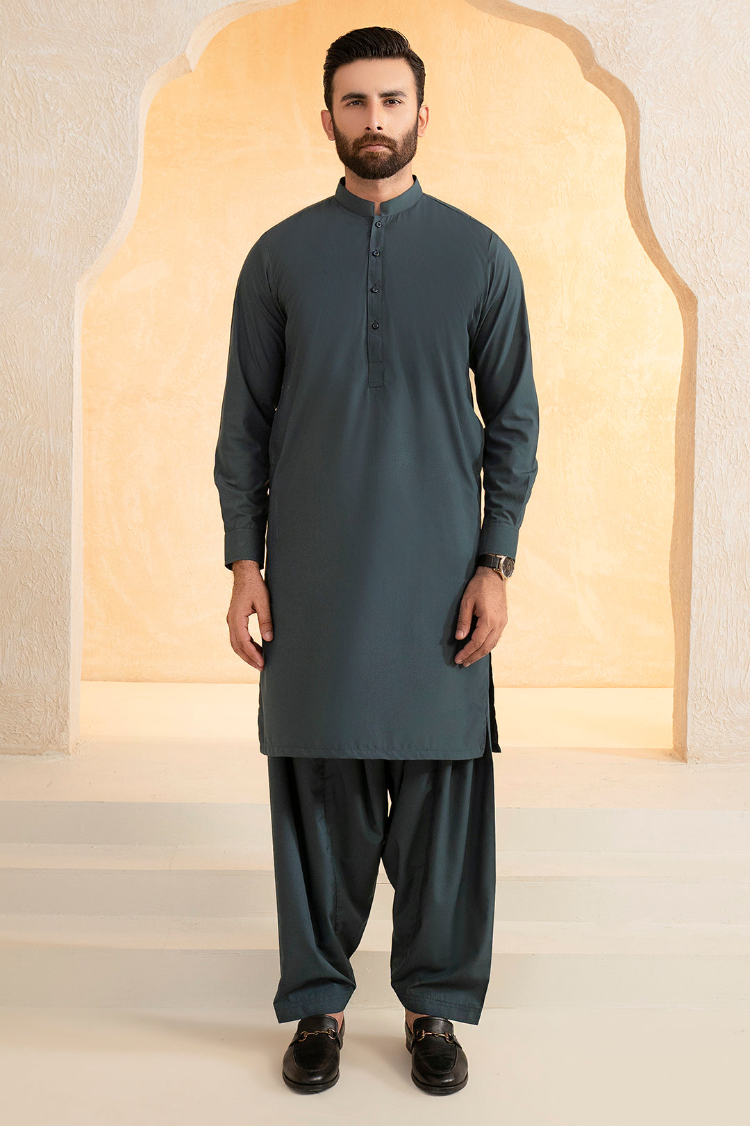 Teal Blended Fabric Shalwar Kameez (2-Piece) - Image 2