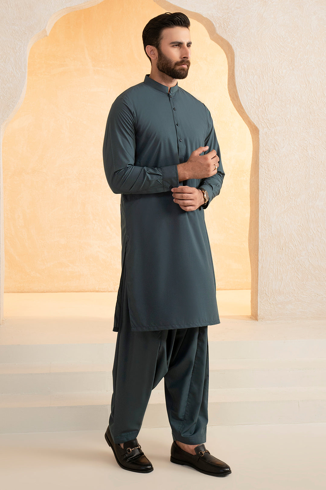 Teal Blended Fabric Shalwar Kameez (2-Piece) - Image 4