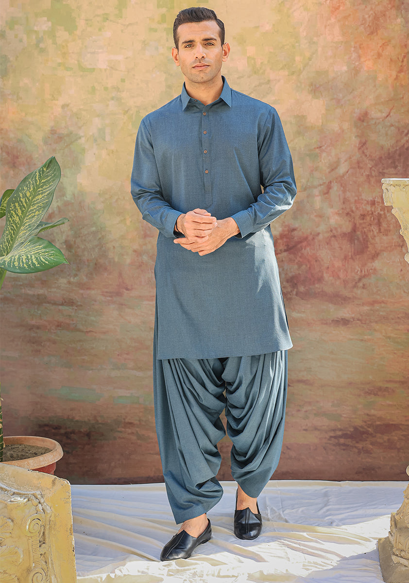 Real Teal Poly Viscose Slim Fit Shalwar Kameez (2-Piece) - Image 1
