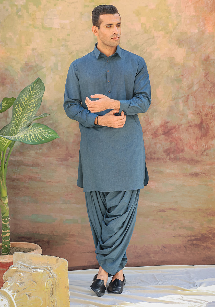 Real Teal Poly Viscose Slim Fit Shalwar Kameez (2-Piece) - Image 2