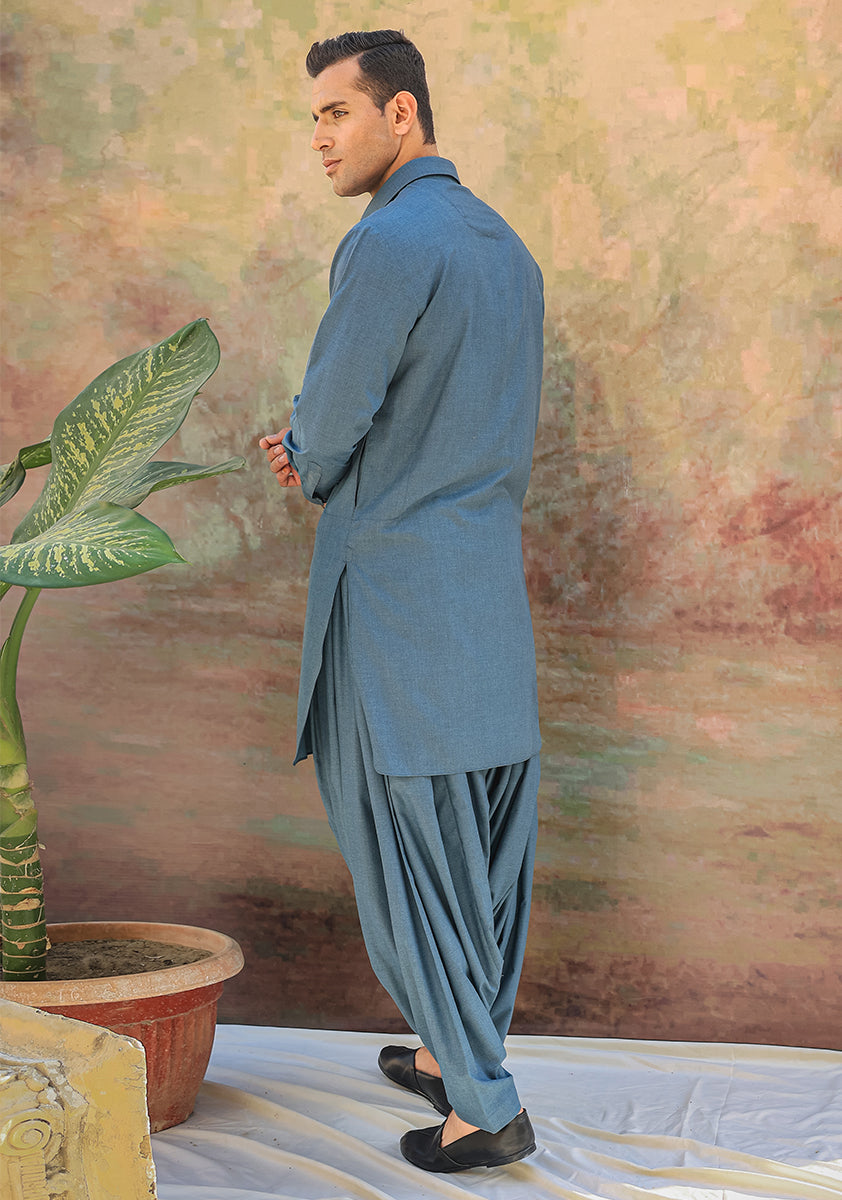 Real Teal Poly Viscose Slim Fit Shalwar Kameez (2-Piece) - Image 3