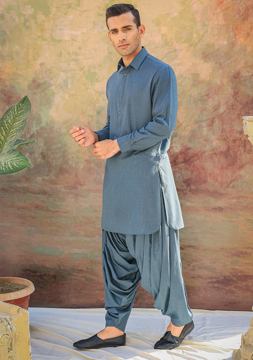 Real Teal Poly Viscose Slim Fit Shalwar Kameez (2-Piece) - Image 4