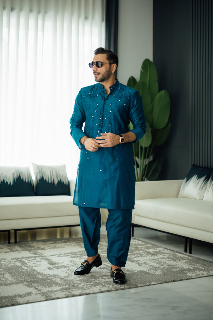Teal Blue Mirror Embroidered Silk-Blend Kurta Shalwar (2-Piece) - Image 1