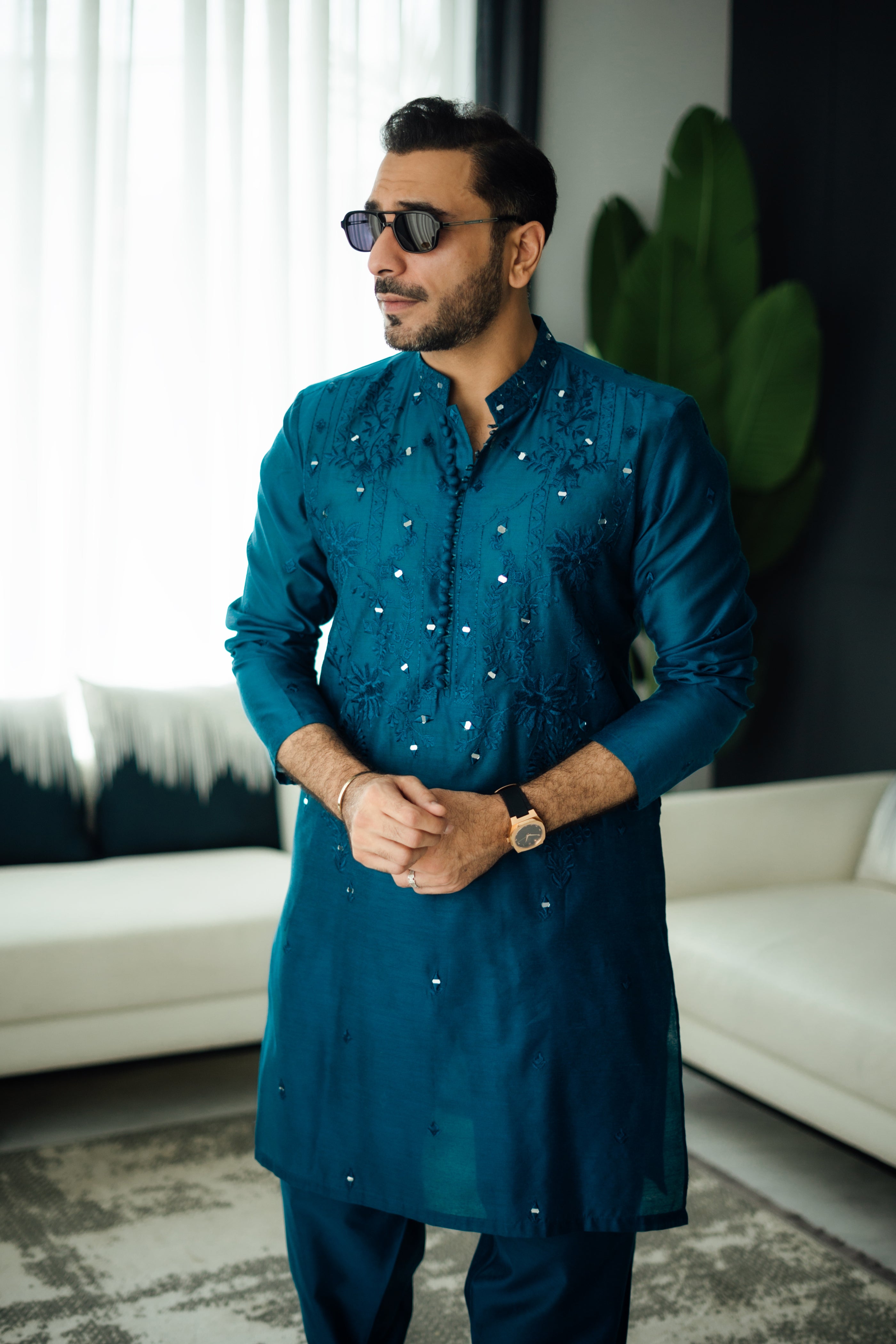 Teal Blue Mirror Embroidered Silk-Blend Kurta Shalwar (2-Piece) - Image 3