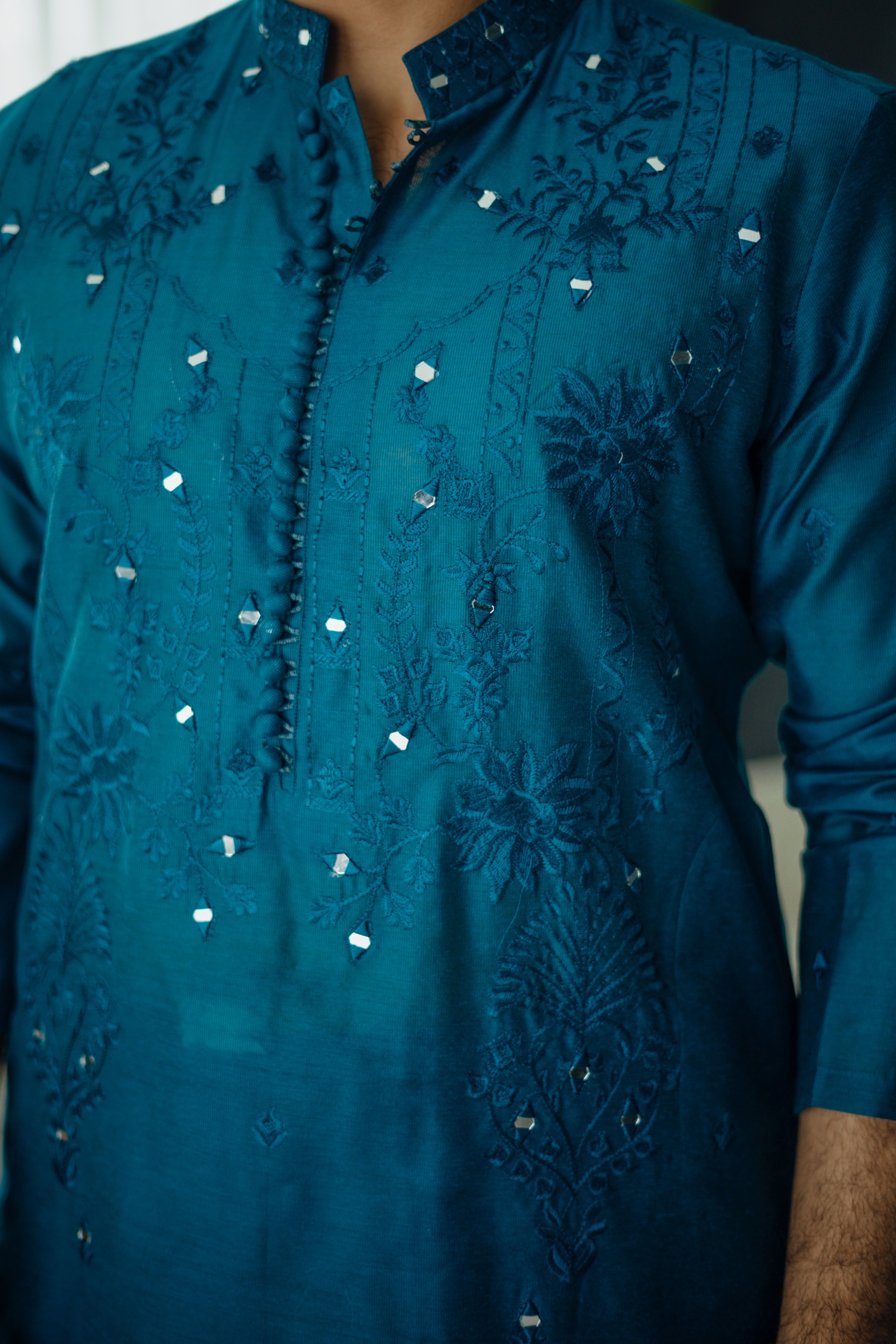Teal Blue Mirror Embroidered Silk-Blend Kurta Shalwar (2-Piece) - Image 4