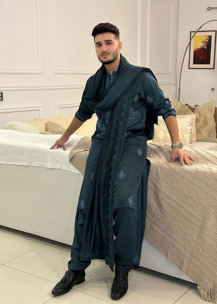 Deep Teal Thread-Embroidered Shalwar Kameez (3-Piece) - Image 1