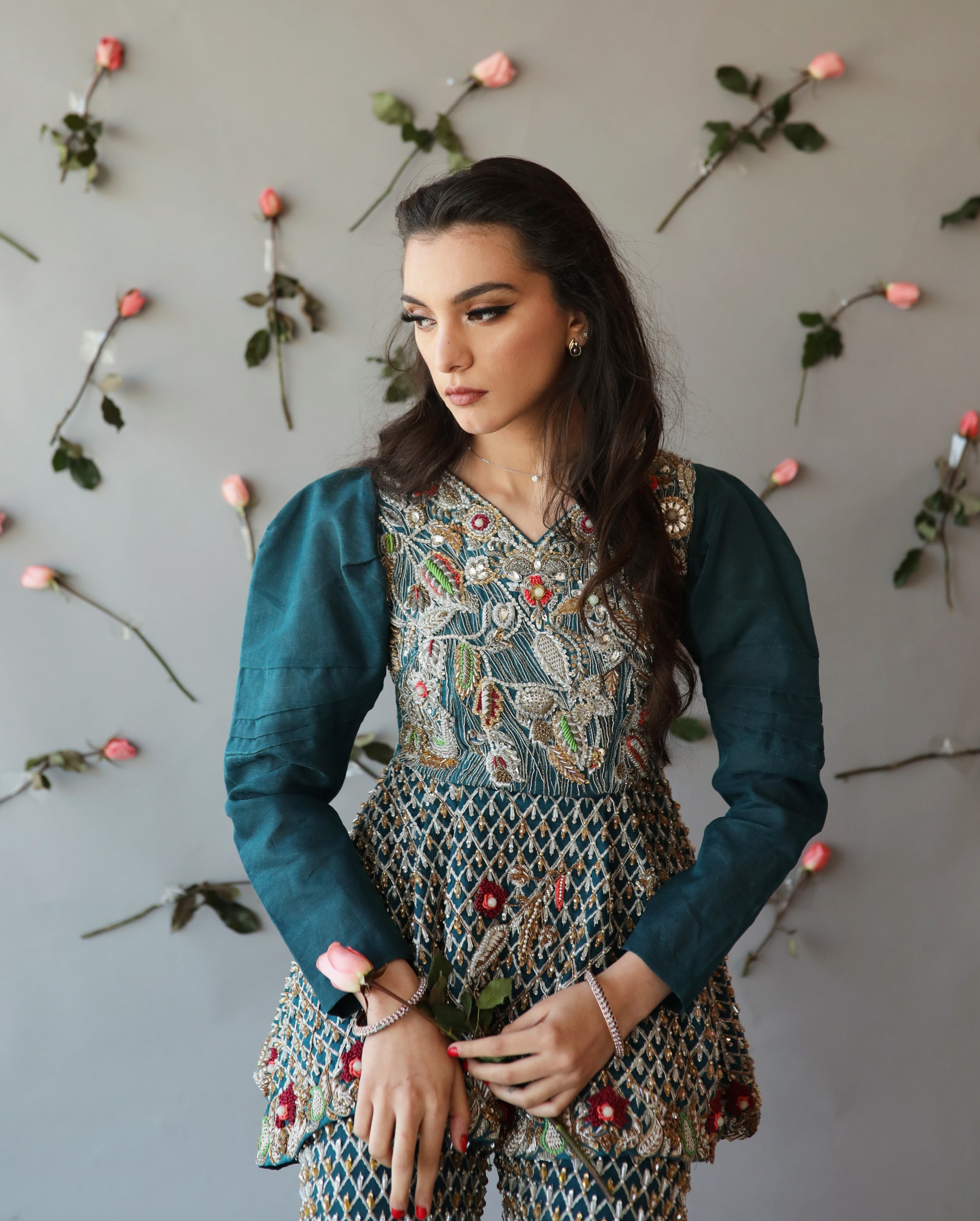 Pakistani Dull Teal Hand-Embroidered Organza Silk Peplum (2-Piece) - Image 2