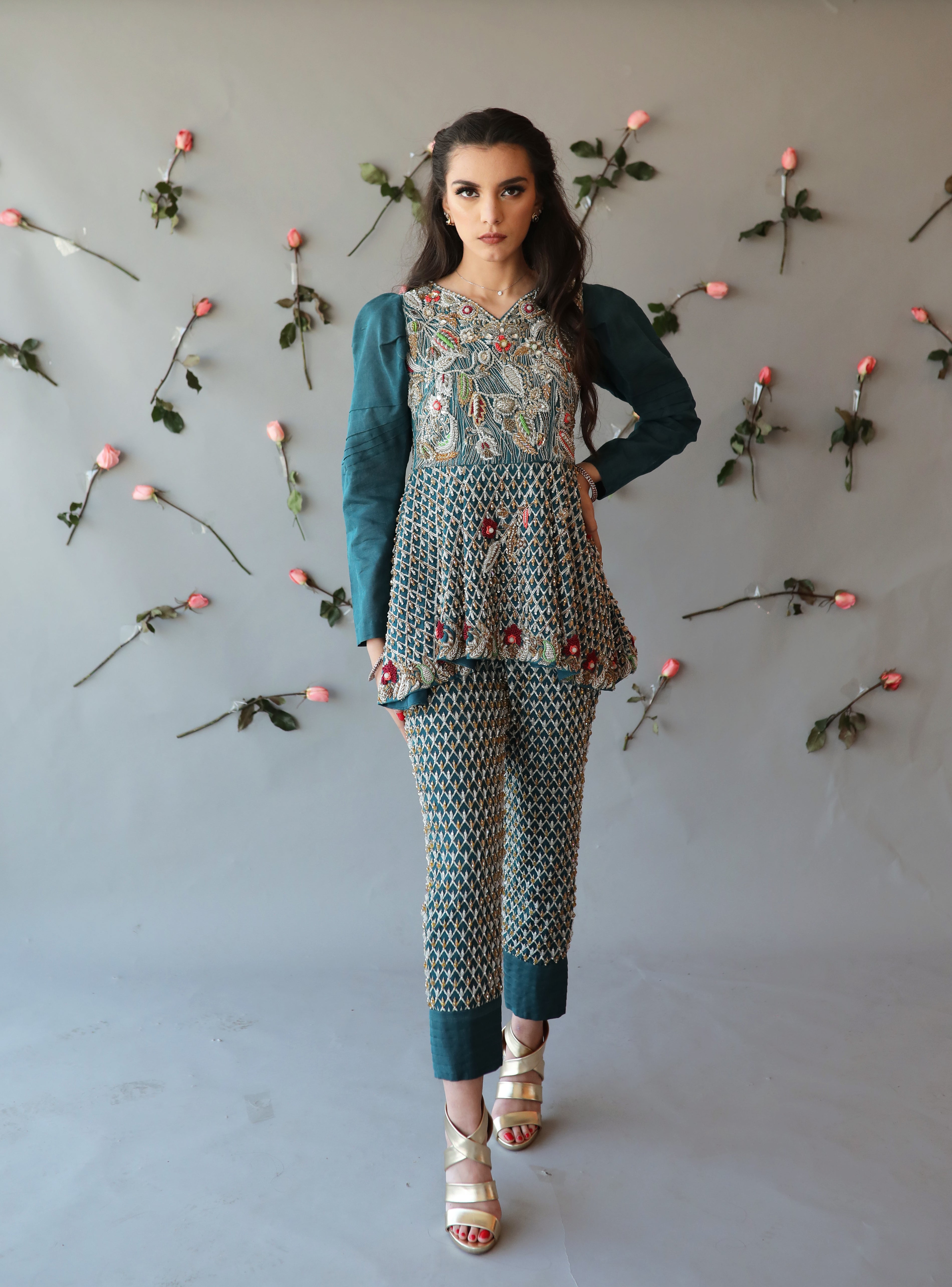 Pakistani Dull Teal Hand-Embroidered Organza Silk Peplum (2-Piece) - Image 3
