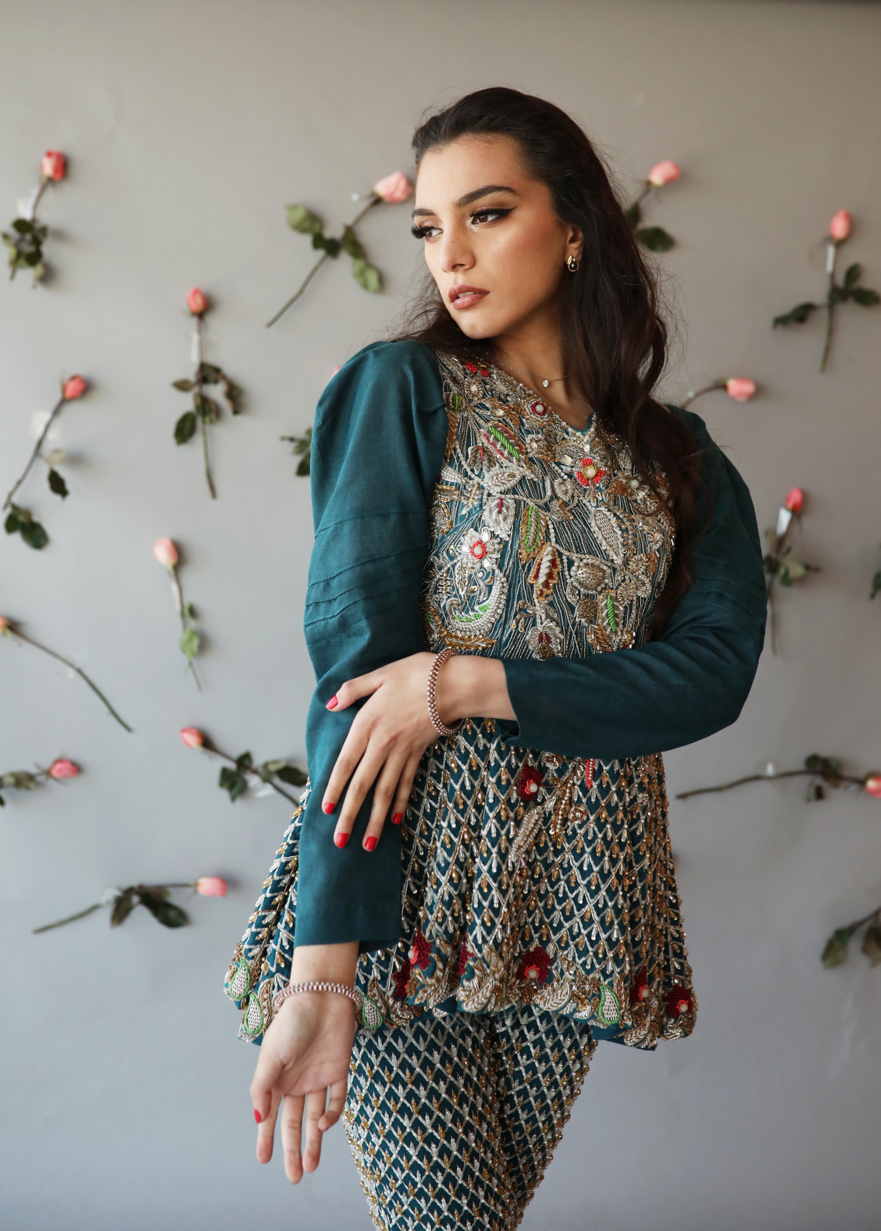 Pakistani Dull Teal Hand-Embroidered Organza Silk Peplum (2-Piece) - Image 4