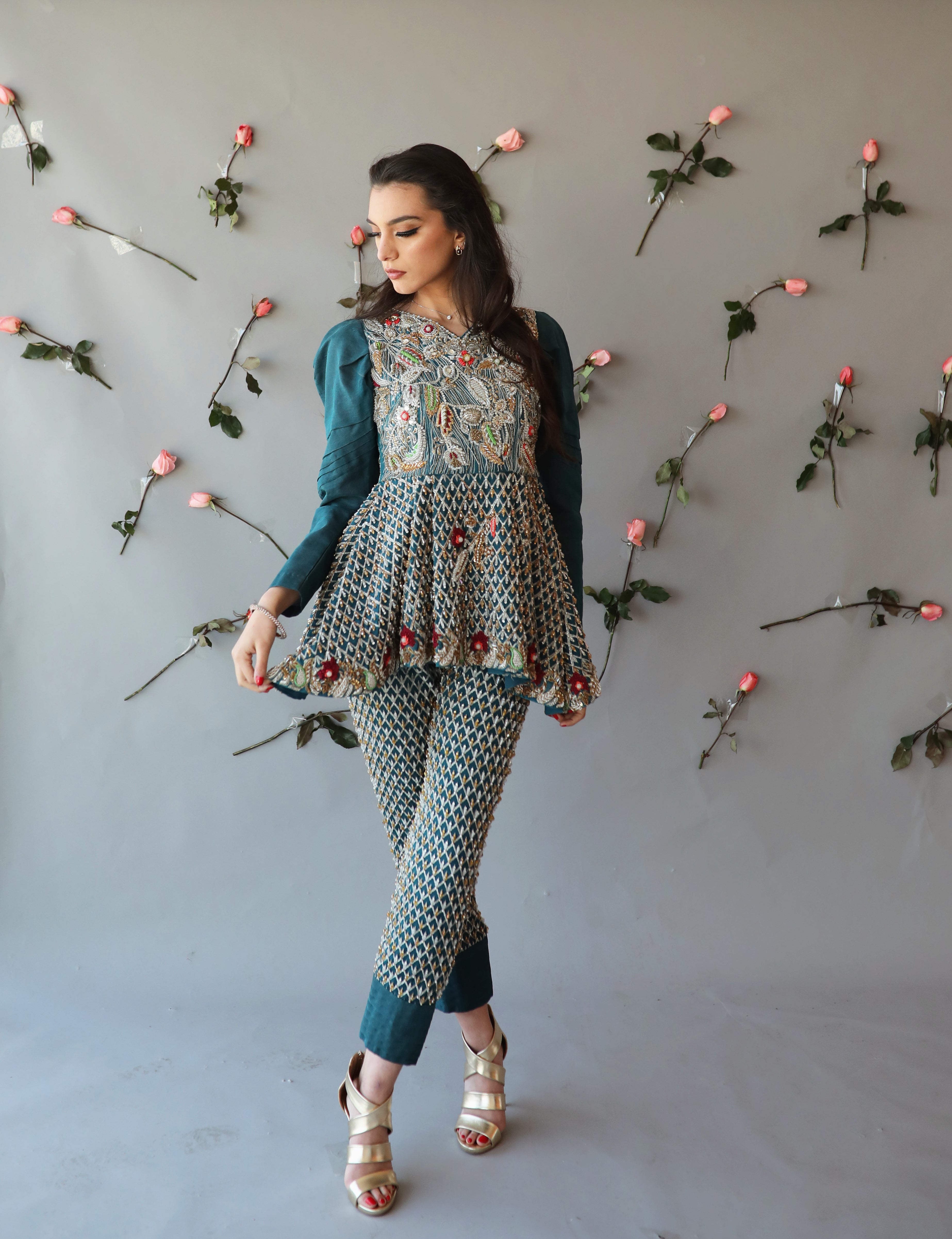 Pakistani Dull Teal Hand-Embroidered Organza Silk Peplum (2-Piece) - Image 5