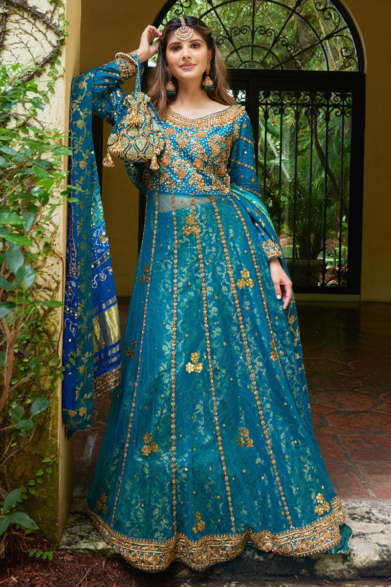 Pakistani Teal Embroidered Jamavar Pishwas Dress (2-Piece) - Image 1