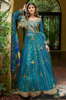 Pakistani Teal Embroidered Jamavar Pishwas Dress (2-Piece) - Image 2