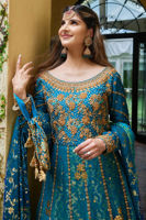 Pakistani Teal Embroidered Jamavar Pishwas Dress (2-Piece) - Image 3