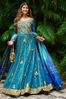 Pakistani Teal Embroidered Jamavar Pishwas Dress (2-Piece) - Image 5