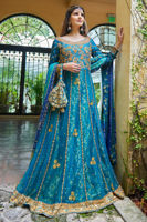 Pakistani Teal Embroidered Jamavar Pishwas Dress (2-Piece) - Image 7