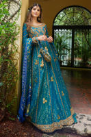 Pakistani Teal Embroidered Jamavar Pishwas Dress (2-Piece) - Image 8